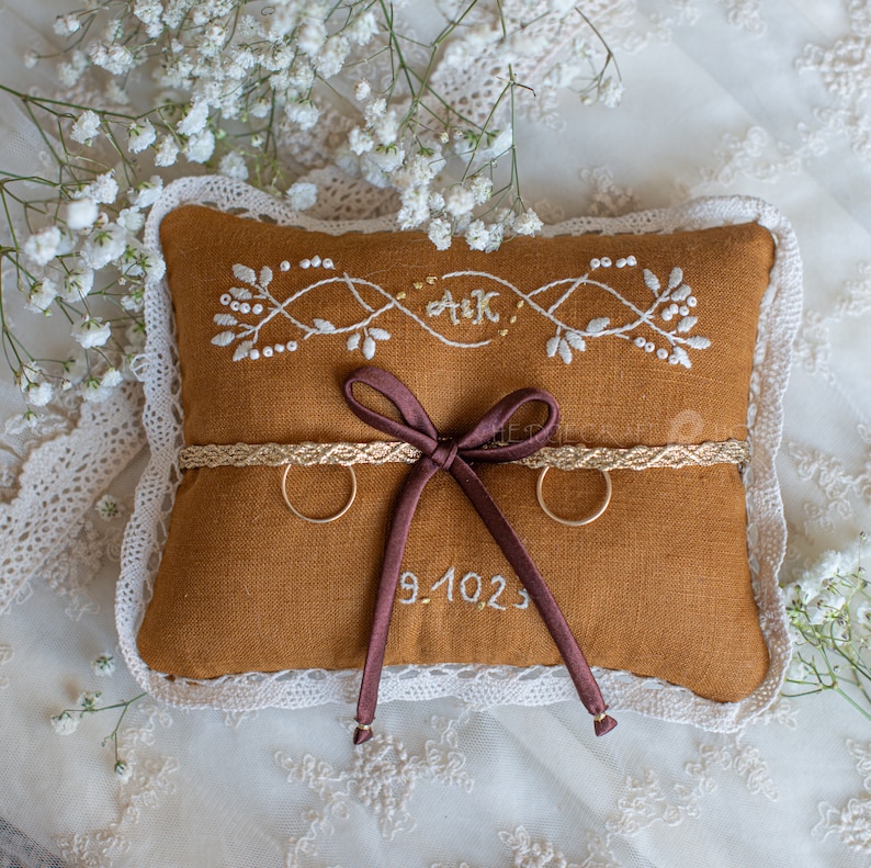 Herbal embroidered wedding ring cushion, Warmer Caramel, Pagan, Handfasting Ceremony, Unique, Linen, Personalized, Wedding Gift, Ring bearer image 1