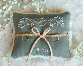 Forest Green & Gold Hand Embroidered Herbal wedding ring pillow  | Pagan | Handfasting Ceremony | Linen | Wedding Ring bearer | Bespoke