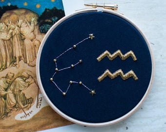 Embroidery hoop with Zodiac Sign and constellation | Aquarius | Gold thread | Stitch art | Hoop art | Stars | Astrology | Magic | Gift