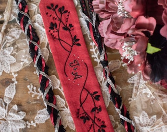 Handfasting Cord Dark Red & Silver Short Hand Embroidered - Pagan - Wedding Ceremony - Elopment - Linen - Custom - Bespoke - Gothic Bride