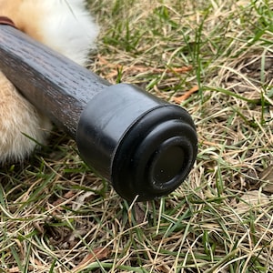May include: Close-up of a black rubber tip on a wooden walking stick. The tip has a ridged design and is lying on a bed of green grass.