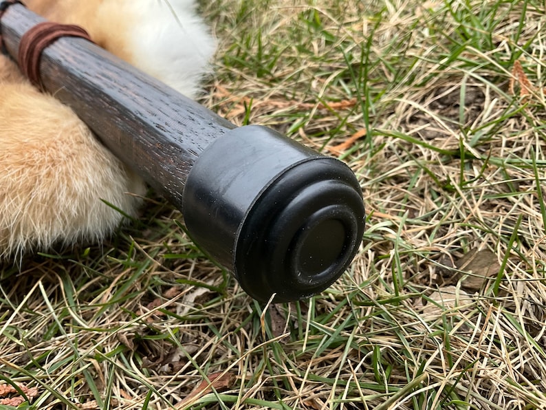 May include: Close-up of a black rubber tip on a wooden walking stick. The tip has a ridged design and is lying on a bed of green grass.