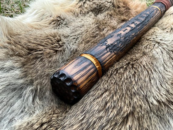 Engraved Quarter Staff Gold Painted Solid Oak Staff with Celtic Knot Engraving and Nidhogg in Elder Futhark Runes Hand Carved Walking Stick