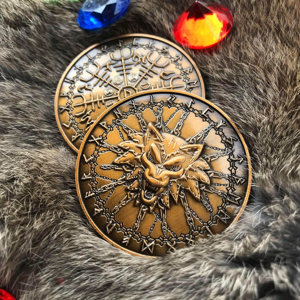 Fenrir Lord of Wolves Challenge Coin Runes Aegishjalmur Moon Phases
