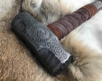 Large Viking Wolf Berserker Hammer Hand Engraved Burned and Carved