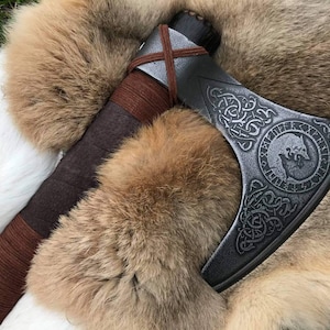 Viking Axe American Made Axe Engraved Wolf Bearded Hand Axe Drop Forged Carbon Steel Axe Bushcraft Gift for Him Ax Unique Gift Idea