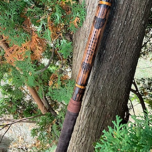 Op de afbeelding: Een houten wandelstok met een bruine leren wikkeling en een gesneden ontwerp van een wolfskop aan de bovenkant. De stok leunt tegen een boomstam.