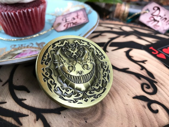 Creepy Cheshire Cat Alice in Wonderland 3D Challenge Coin Lovecraft Tentacle Design Antique Brass Finish Were All Mad Here Crazy Nerdy Gift