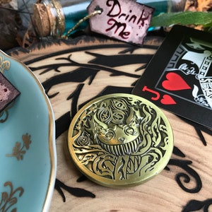 Creepy Cheshire Cat Alice in Wonderland 3D Challenge Coin Lovecraft Tentacle Design Antique Brass Finish Were All Mad Here Crazy Nerdy Gift image 2