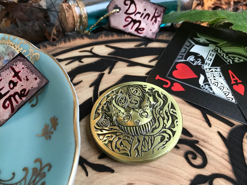 Creepy Cheshire Cat Alice in Wonderland 3D Challenge Coin Lovecraft Tentacle Design Antique Brass Finish Were All Mad Here Crazy Nerdy Gift image 2