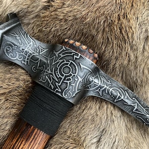 Arcane War Hammer Hand Engraved Burned and Carved Rustic Warrior Hammer Unique Ren Faire Berserker Costume Carbon Steel Forged Hammer Head