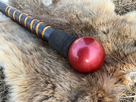Ruby Ball Cane Red Oak Cane Hand Carved Hand Painted Walking Cane Red Resin Orb Gold Paint Solid Oak Handle Wood Cane Unique Cane Gift Idea