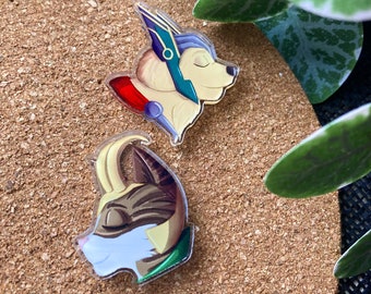 Acrylic pin, "Loki Cat" or "Thor Dog"