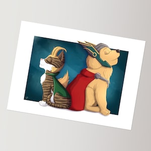 Carte postale A6, Loki et Thor, Chat et Chien