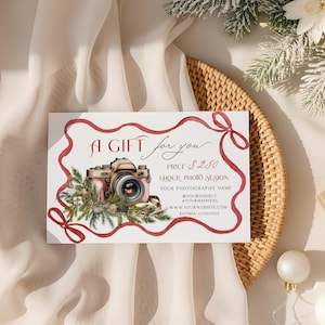 Editable Gift Certificate Christmas Photo Session Photography: Winter Green Pine Branches, Balls, Red Frame with Ribbon, Vintage Сamera