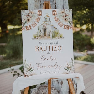 Mexican theme for baptism boy boho spanish editable welcome sign, cartel de bienvenida fiesta bautizo en español -C464