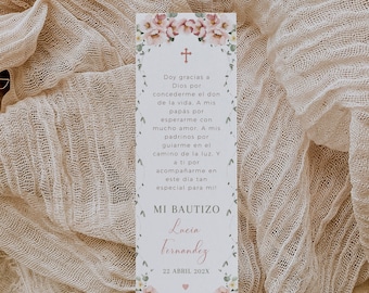 Baptism bookmark in spanish printable, christening peony bookmark en español, mi bautizo tarjeta de oración prayer card in spanish - C179