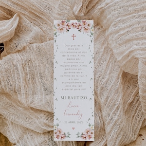 Baptism bookmark in spanish printable, christening peony bookmark en español, mi bautizo tarjeta de oración prayer card in spanish - C179