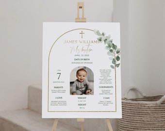 Bohemian baptism milestone sign printable, my baptism milestone with photo, christening milestone, eucalyptus decor baptism poster -C036