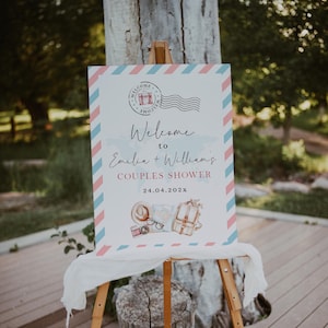 Couples shower welcome sign form travel postcard printable, modern wedding shower poster with world map, traveling couples shower sign -C266
