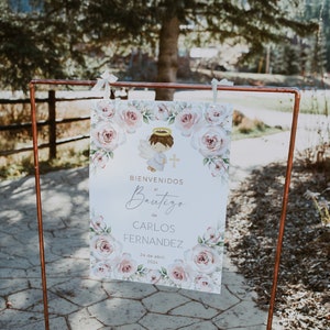 Angel and blush pink roses baptism boy welcome sign in spanish printable, cartel bienvenida de ángel bautizo español, boho party decor -C155