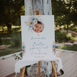 Blue floral boho welcome sign baptism & 1st bday boy with photo spanish printable, cartel de bienvenida  bautizo y primer añito español -C17