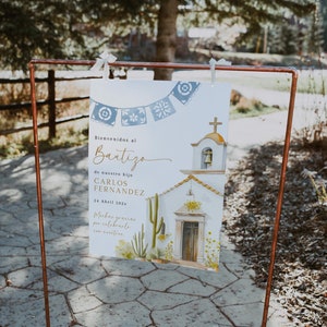 Mexicano religious cartel de bienvenida para bautizo en español, editable dusty blue spanish welcome sign, baptism welcome poster - C341