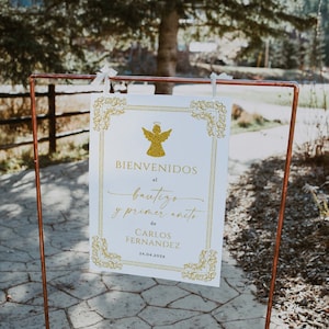 Golden angel baptism & 1st bday boy girl welcome sign spanish vintage printable, cartel de bienvenidos bautizo y primer añito español - C5