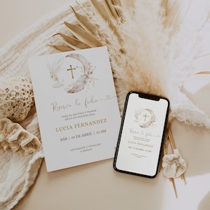 Bohemian save the date invitation template spanish for boy or girl, modern beige reserva la fecha bautizo invitacion religious español -C021