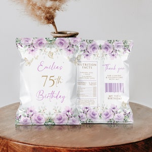 75th woman&#39;s birthday chip bag template, boho soft purple floral and gold butterflies chip bag wrappers label for adult birthday - C142