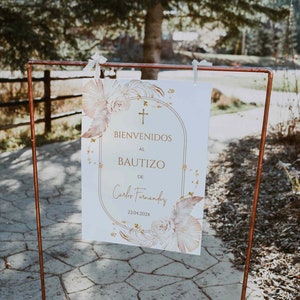Boho modern baptism welcome sign, beige bienvenida bautizo niño welcome poster español, boho baptism welcome sign template in spanish - C022