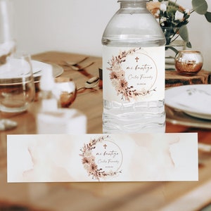 Bohemian fall beige flowers baptism boy/girl mineral water bottle label spanish printable, floral etiqueta de   agua bautizo en español -C25