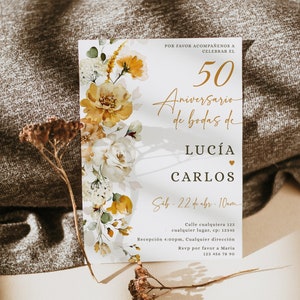 Editable burnt orange rose wedding anniversary invite, invitación 50 aniversario de bodas, floral spanish any event anniversary invite -C202