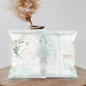 Baptism chip bag wrapper, bautizo chip bag spanish, potato christening chip pack printable, neutral green and gold baptism chip bag - C009
