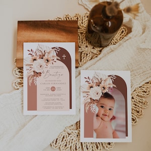 Arco invitación bautismo en español editable, boho christening baptism invite in spanish, pampas bautizo invitation with photo spanish -C002
