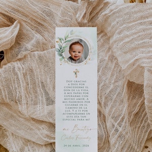 Mi bautizo tarjeta de oración editable in spanish, punto de libro bautizo ,greenery baptism bookmark with photo in spanish printable - C009p