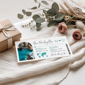 Bali boarding pass template, surprise trip to Bali travel ticket, gift ticket for any holiday, boarding pass airplane to turquoise Indonesia
