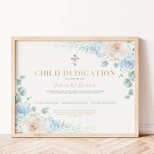 Editable Child Dedication certificate, boho blue white roses and green eucalyptus baptism boy church certificate, dedication keepsake - C305