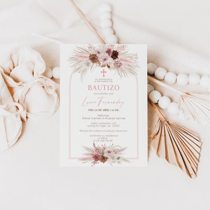 Bautizo para niña en español, bohemian pink floral girl baptism invitation in spanish printable, boho pink flores christening decor -C032
