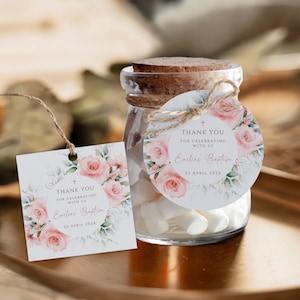Girl baptism blush pink watercolor roses thank you tag template, round square favor tags christening girl, pink boho floral gift tags - C142