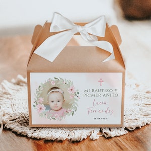 Mi bautizo y primer añito gable gift box label in spanish con foto, green pink floral gable box label with photo printable en español - C292