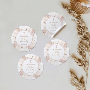 Beige feathers gender neutral baptism sticker spanish printable, boho pegatinas bautizo español, beige religioso bautizo label spanish -C023