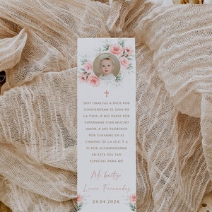 Mi bautizo tarjeta de oración en español printable, marcador para el bautismo niña, bookmark baptism with roses with photo in spanish - C141
