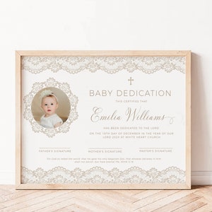 Custom certificate baptism printable baptism gift with foto, boy girl dedication certificate, white lace baptism certificate template - C165