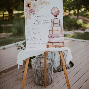 Love is an adventure couples shower welcome sign, pink floral bridal shower sign template, globe and suitcases wedding shower poster - C264