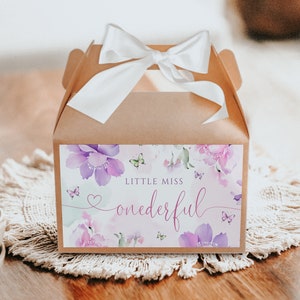 Editable Little Miss Onederful gable box label, boho pink purple wildflowers & butterflies gift box label, first birthday girls favors -C347