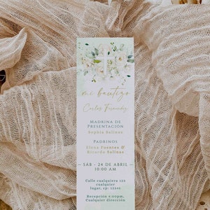Template green gold baptism prayer card spanish, boy/girl christening white floral boho prayer card, tarjeta de oración bautizo español -C11