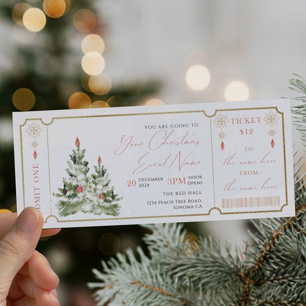 Christmas event ticket template, modern holiday event gift surprise ticket, christmas voucher surprise, pine tree holiday invitation ticket