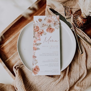 Boho dusty beige flowers wedding fully editables menus, tropical orchids and palm leaf wedding menu card, dinner wedding menu cards - C274