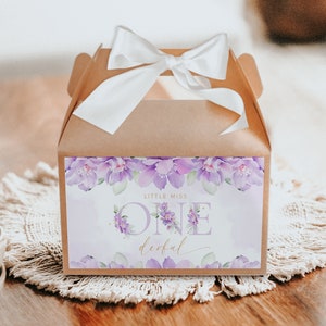 Editable modern Little Miss ONEderful gable box label, soft purple wildflowers 1st birthday gift box label, first birthday party favor -C348